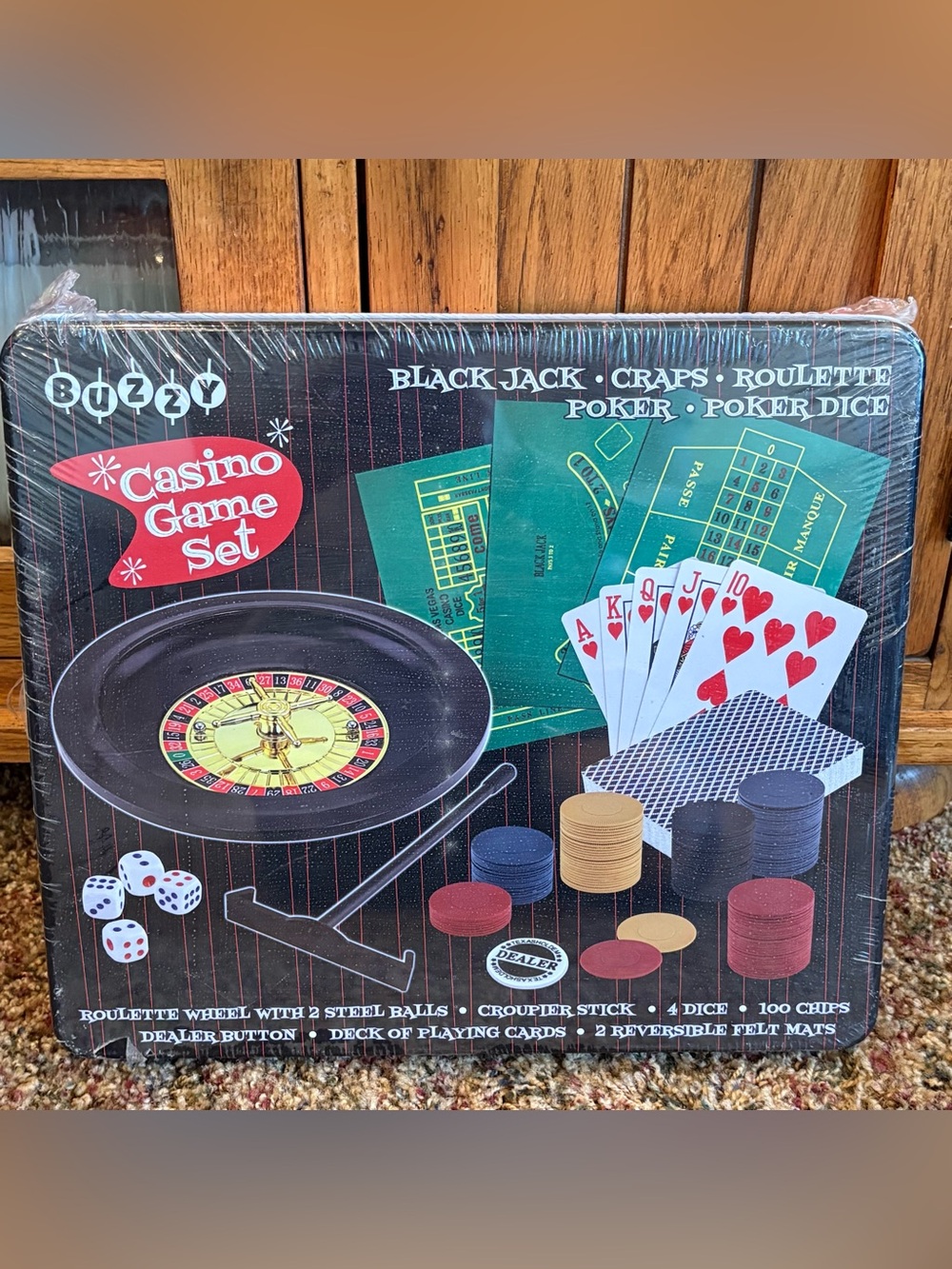 BUZZY 5-in-1 Deluxe Casino Game Set In Tin Roulette Poker BlackJack Craps NEW
